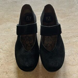 Fly London Women's Robi Mary Jane Black Suede Wedges size 38